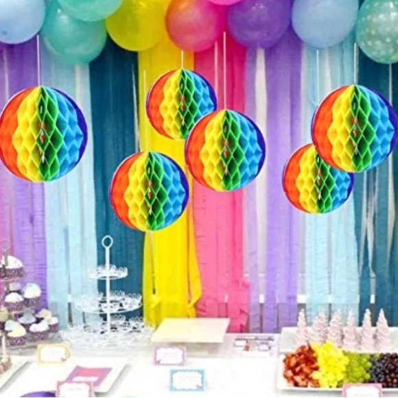 8PC Hanging Iridescent Honeycomb Ball Rainbow Tissue Paper Pom Balls 12 in -30cm - Picture 3 of 3